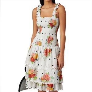 FARM Rio White Nanaju Midi Dress Lacy Tiered Eyelet Floral Lace size Large